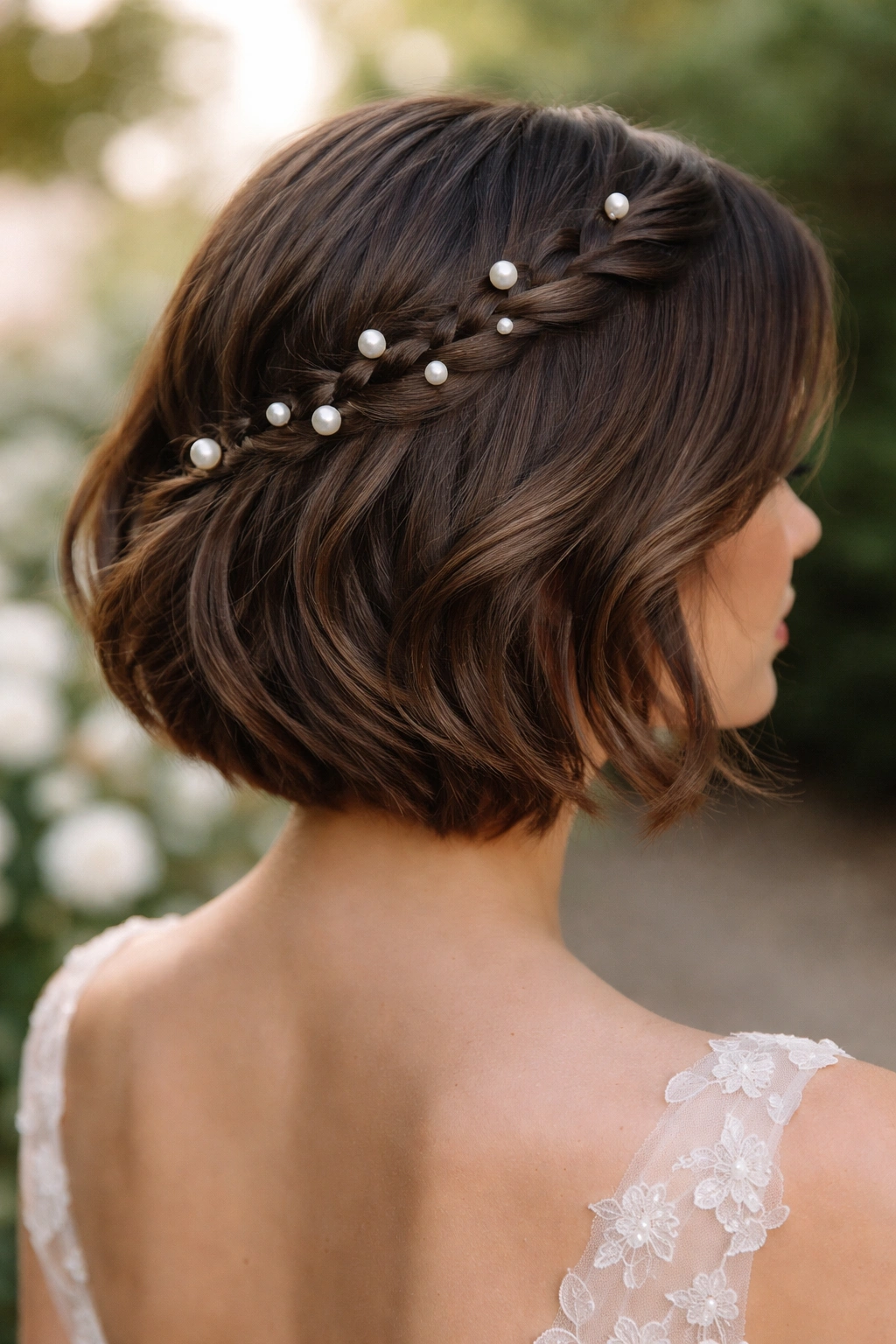 Braided bob with pearl pins on bridal hair
