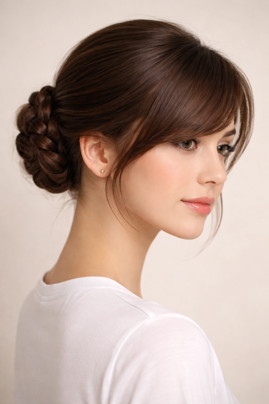 Close-up of a model's low braided bun with side-swept fringe in neutral studio lighting