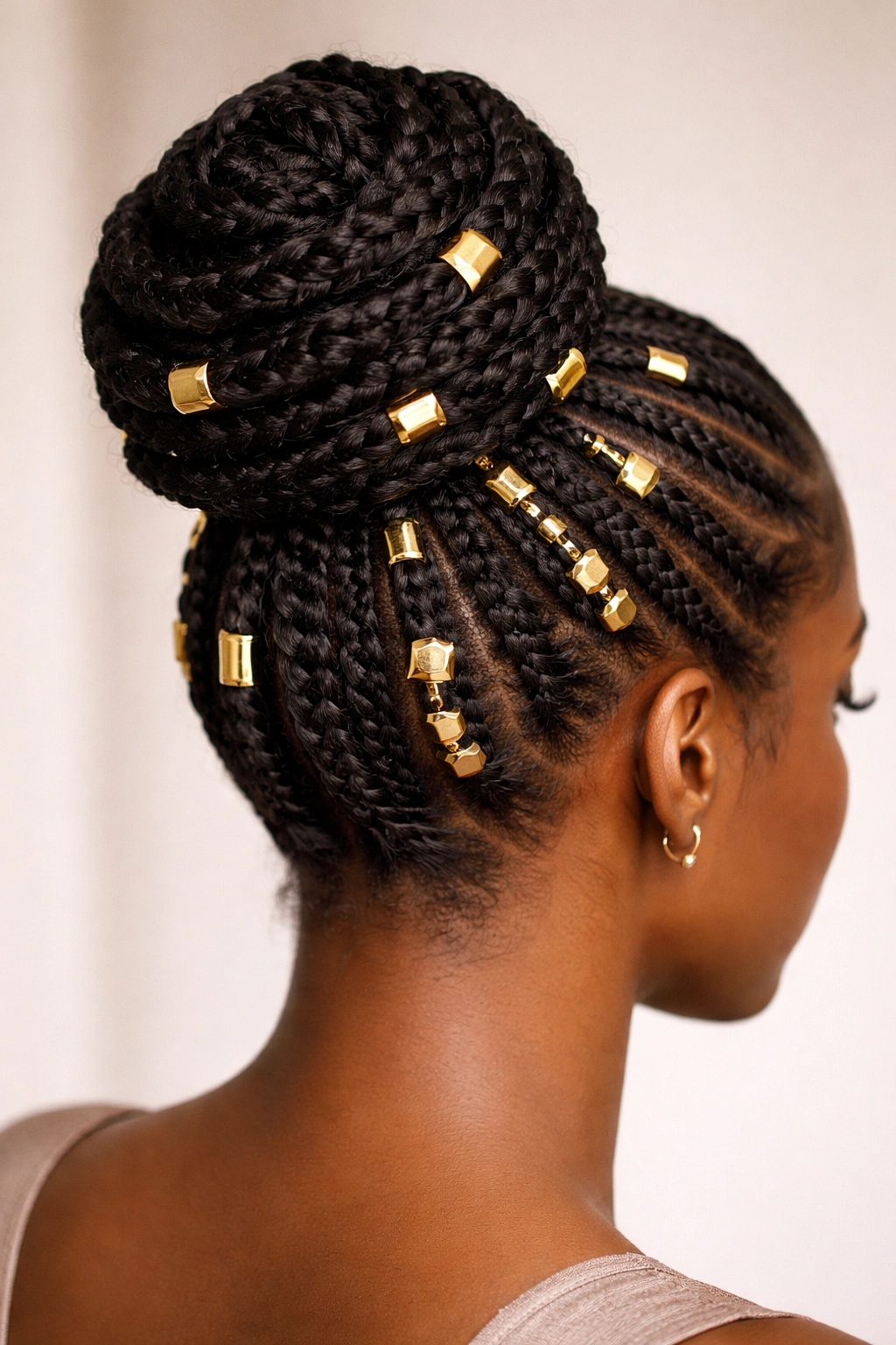 Close-up of braided bun with gold cuffs and geometric beads around the scalp