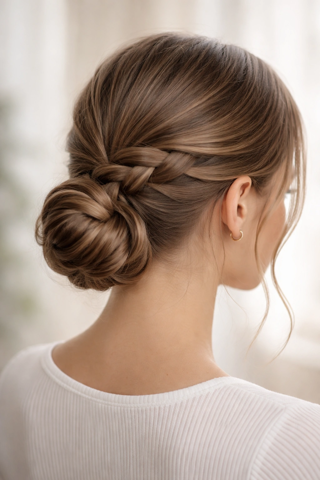 Low braided bun at the nape with visible braid texture