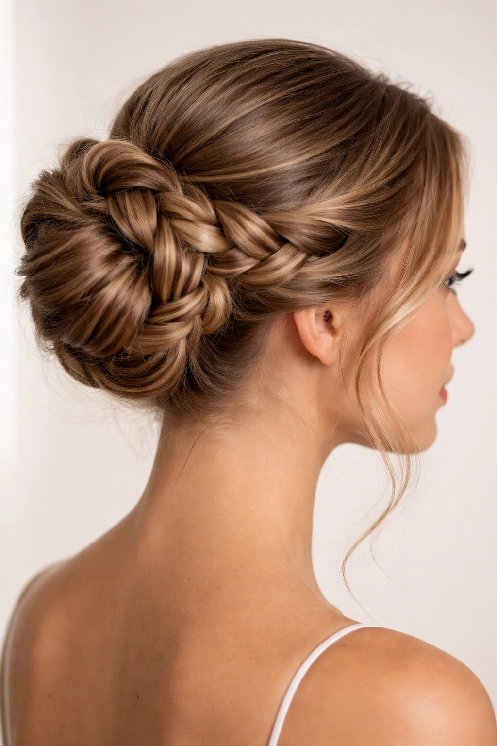 Side profile showing braided bun with multiple wrapping braids