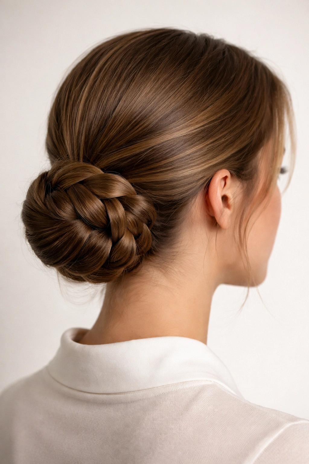 Low braided bun with braid wrapped around base and pins securing