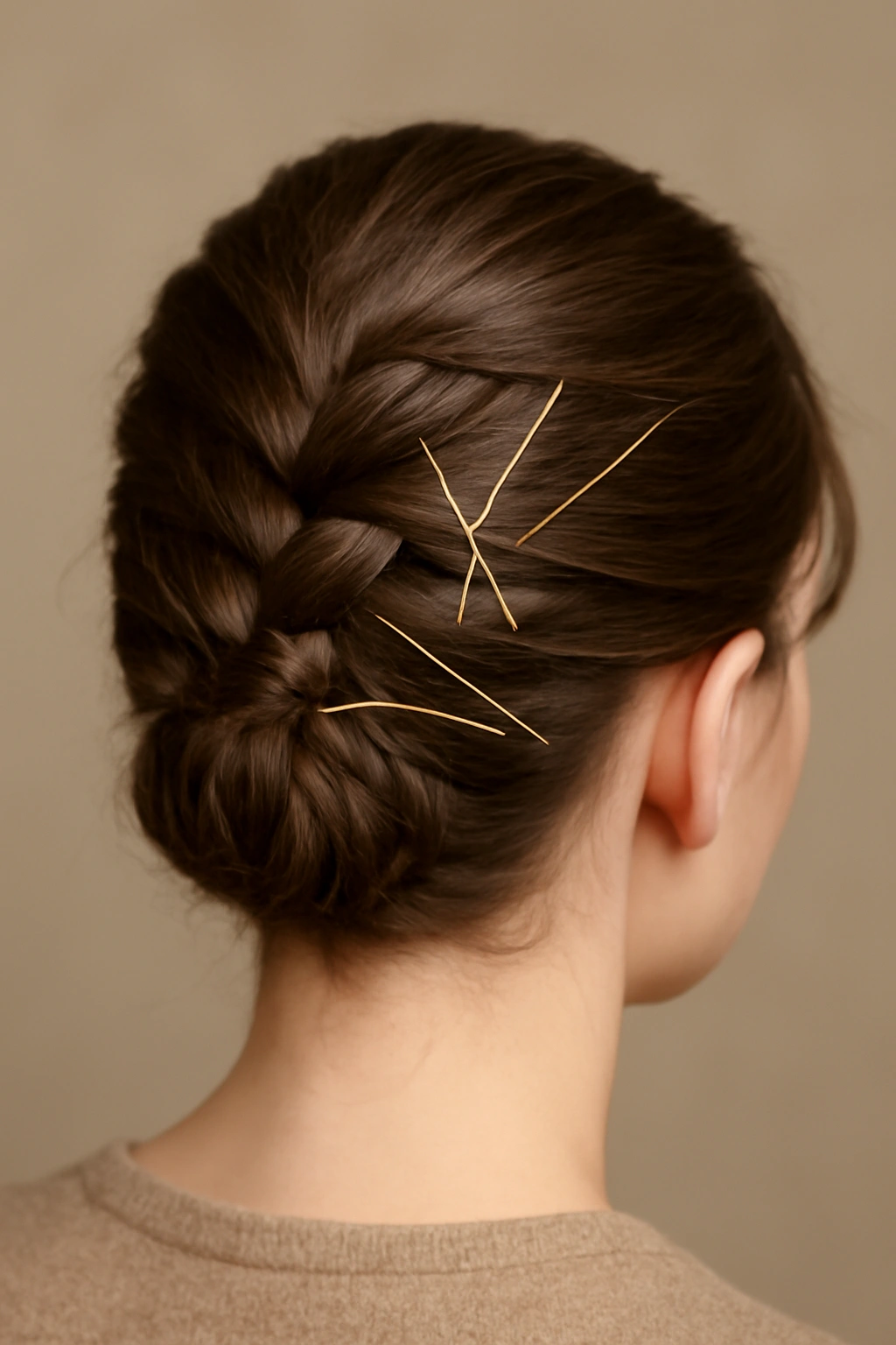 Braided bun secured with bobby pins on short hair