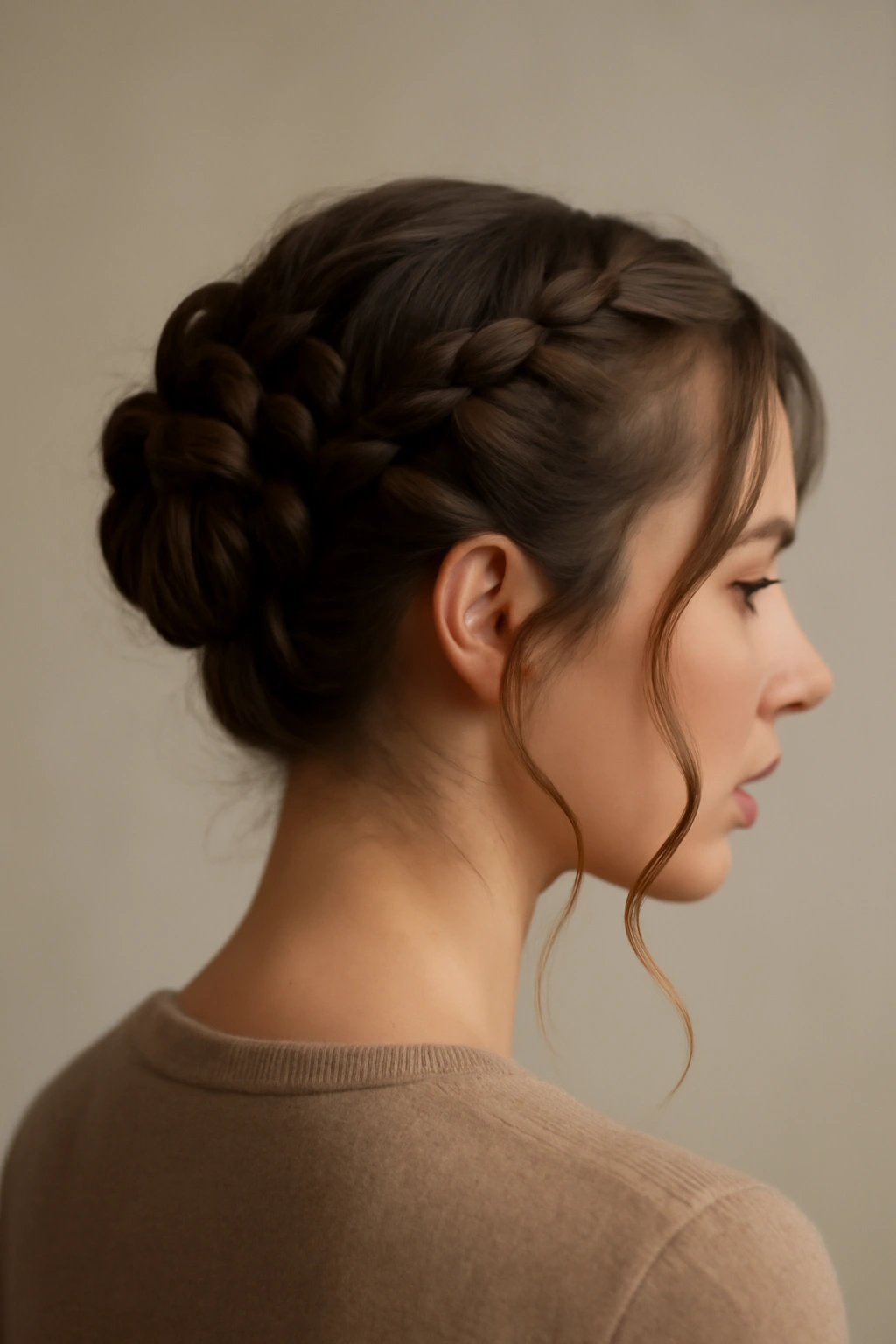 Braided bun with tendrils framing the face