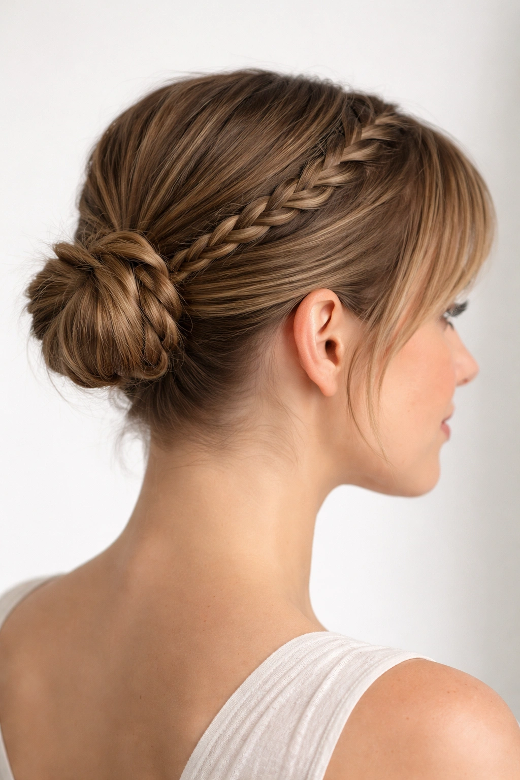 Braided Bun Texture on short hair with two thin braids feeding into a compact bun