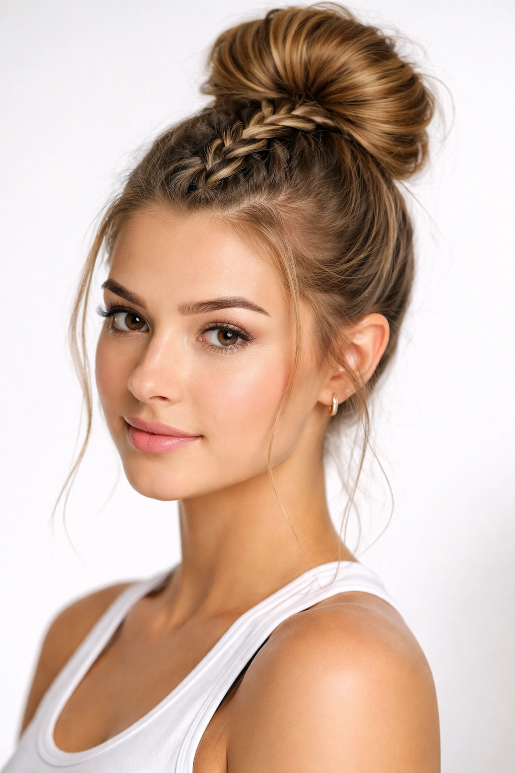 Braided top knot with a braided path into the high bun