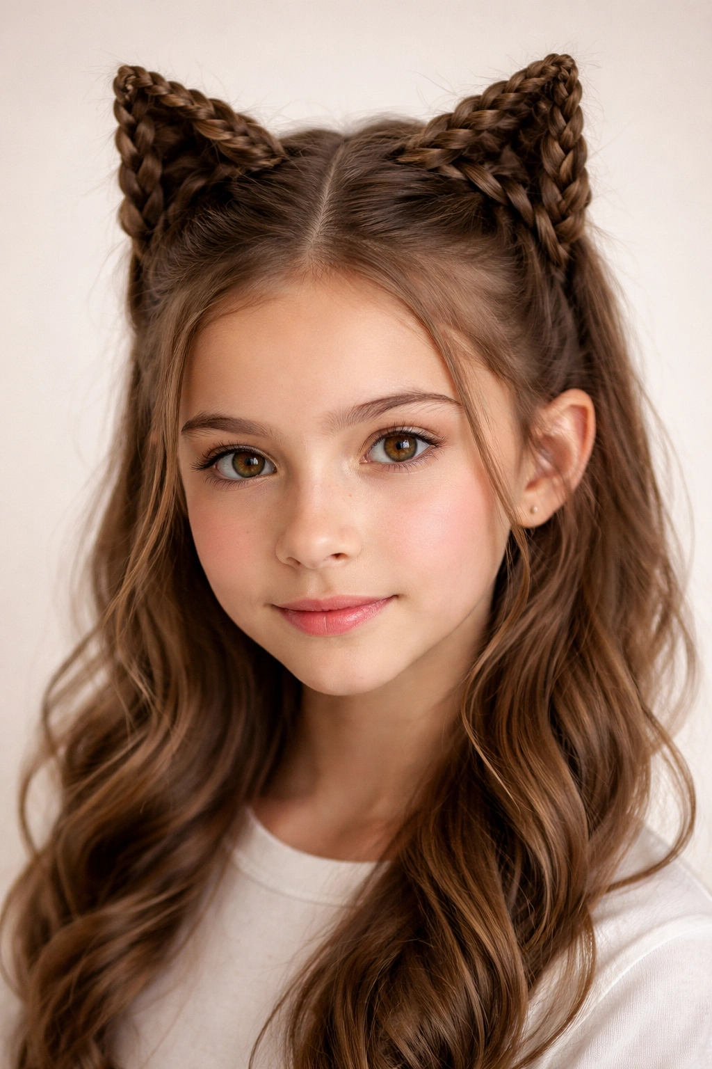 Braided cat ears created from hair sitting on top of the head.