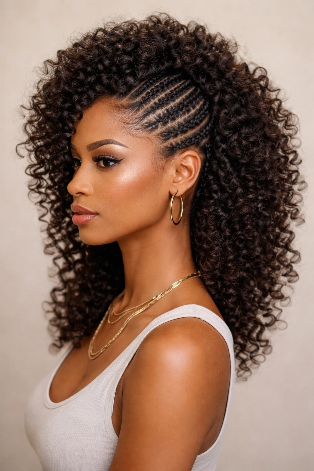 Braided centerline mohawk with curls framing the sides.