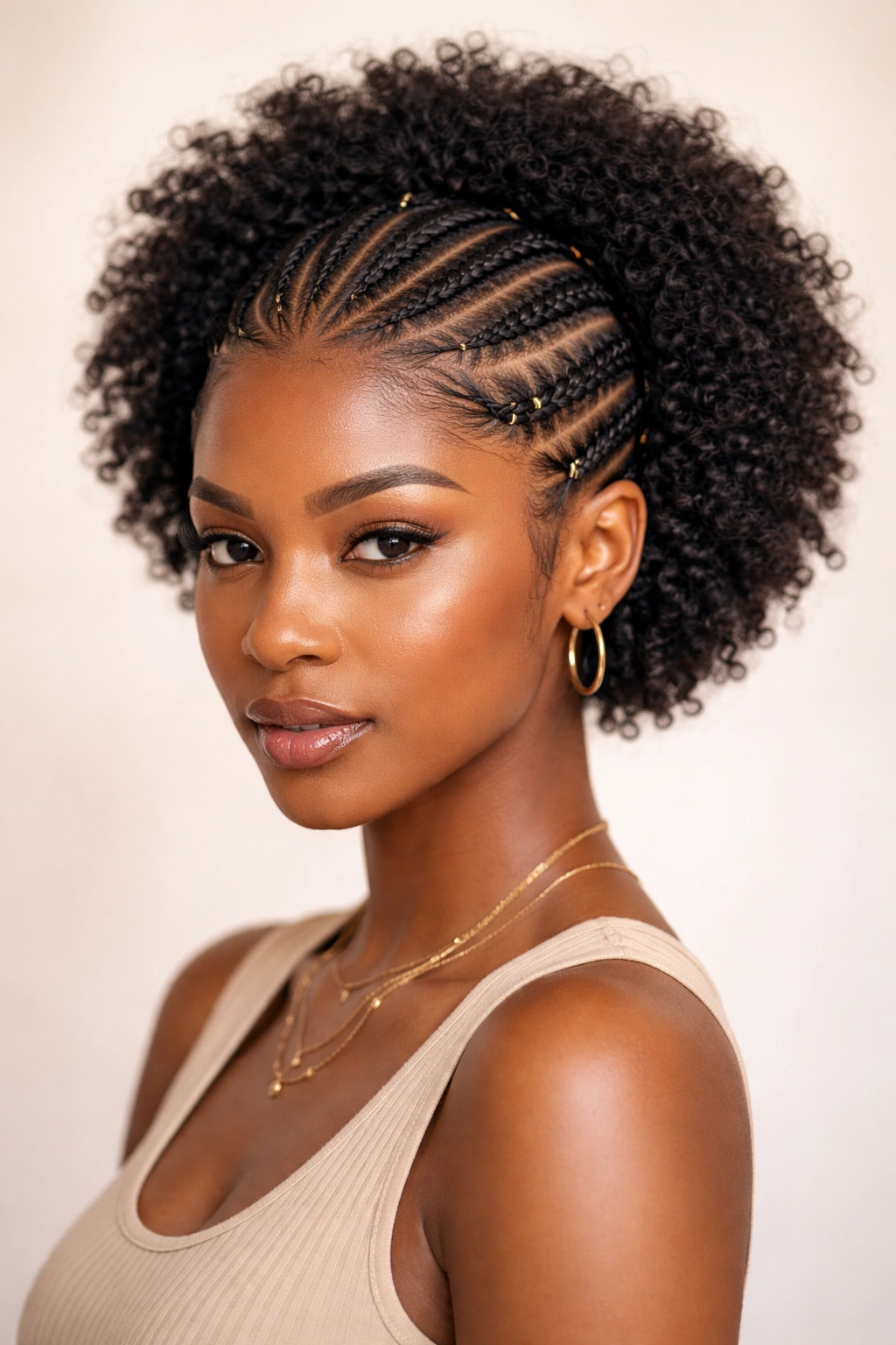 15 Short Afro Hairstyles That Look Absolutely Gorgeous 11 Short afro with braided or cornrowed pattern across scalp