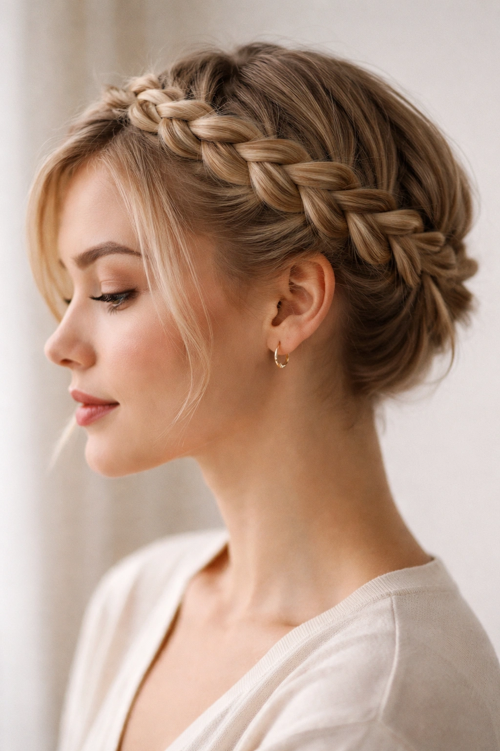 Side view of a crown braid framing the face