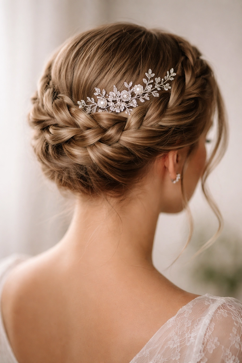 Crown braid encircling the head with a decorative accessory