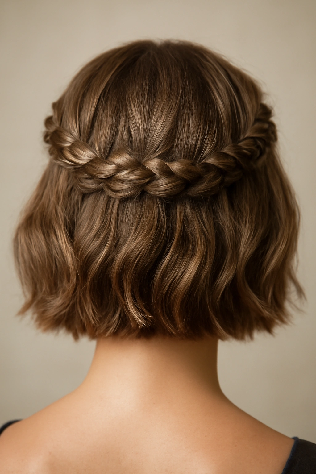 10 Wedding Hairstyles That Look Great on Bobs 8 Back view of a bob featuring two crown-like braids across the back