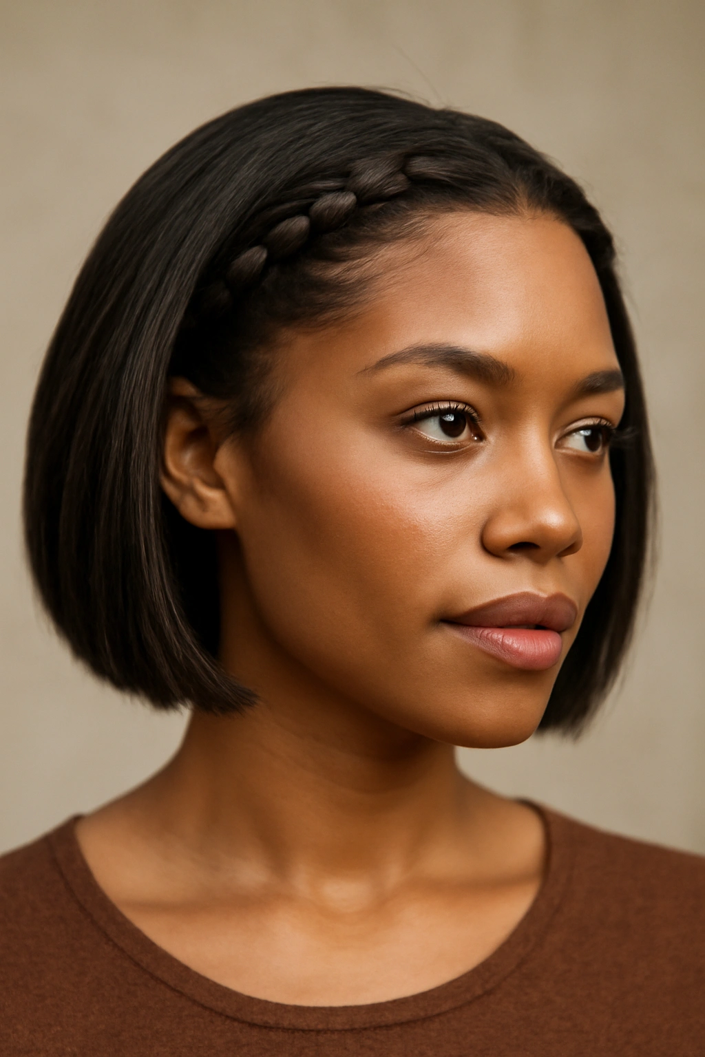 12 Short Weave Hairstyles Black Women Are Loving 8 Studio portrait of The Braided Crown Detail Bob with a subtle crown braid along the hairline.