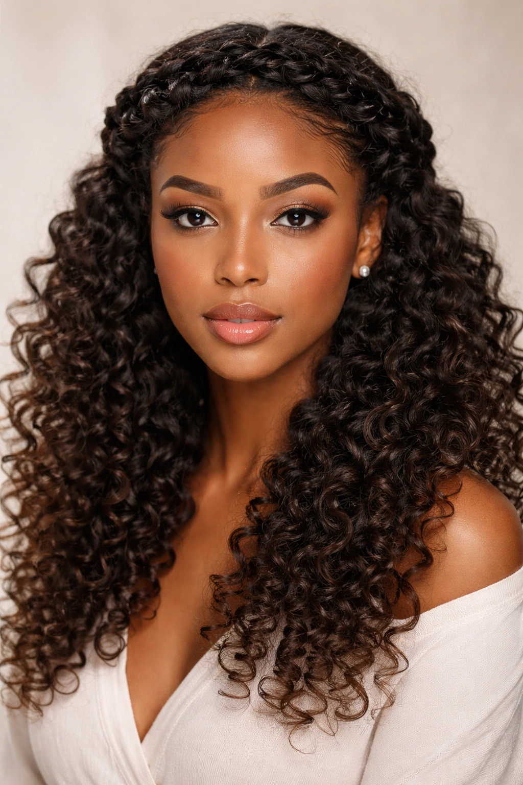 Braided crown around head with cascading curls framing the face