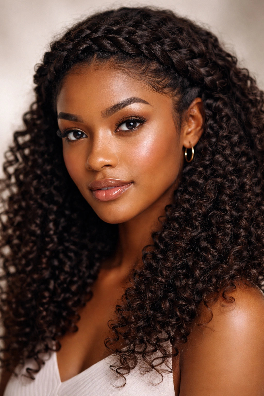 Crown braid across the top of the head with curls cascading below