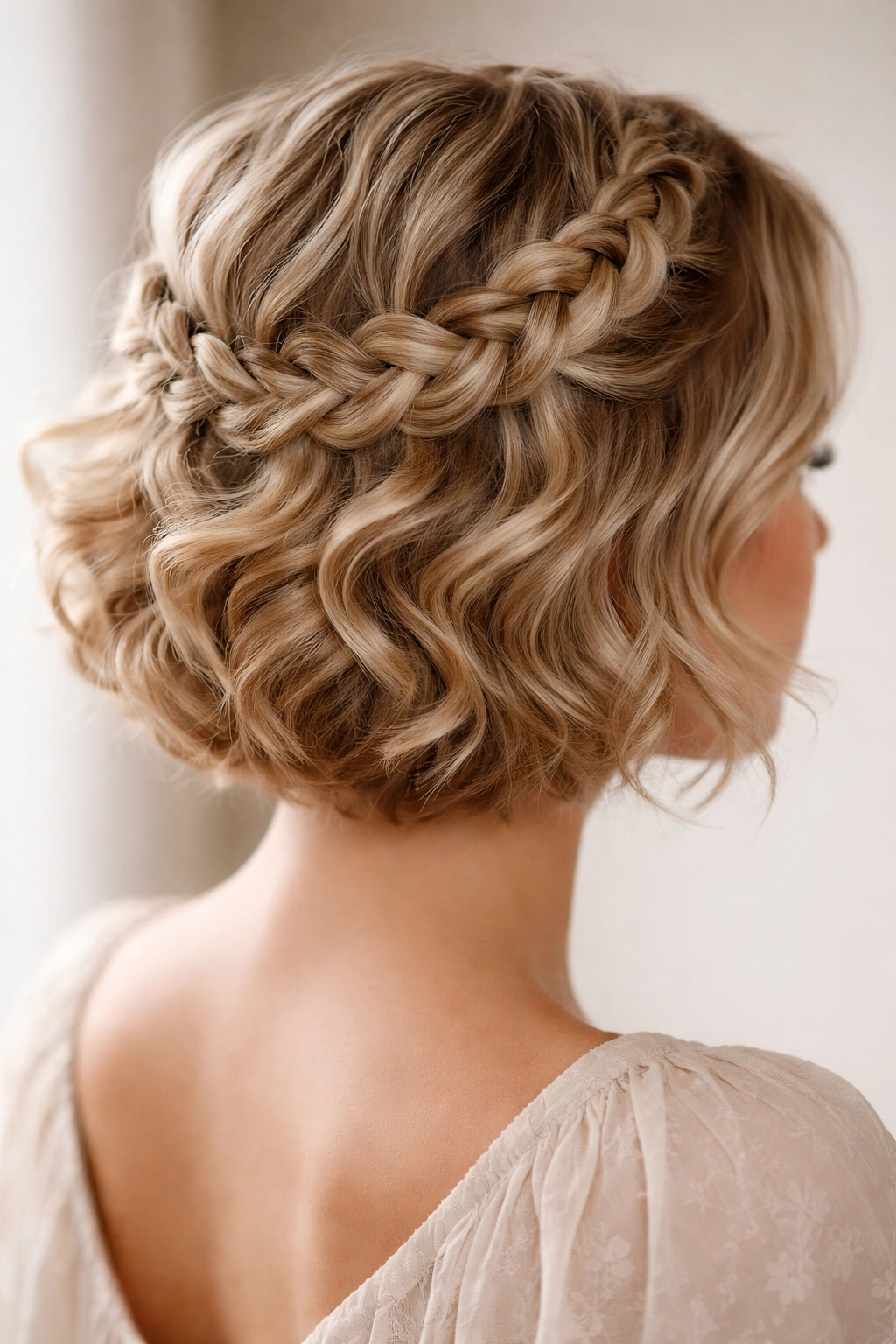 10 Prom Hairstyles For Short Hair You Can Do At Home 4 Crown braid with loose curls framing the head in a soft, romantic style