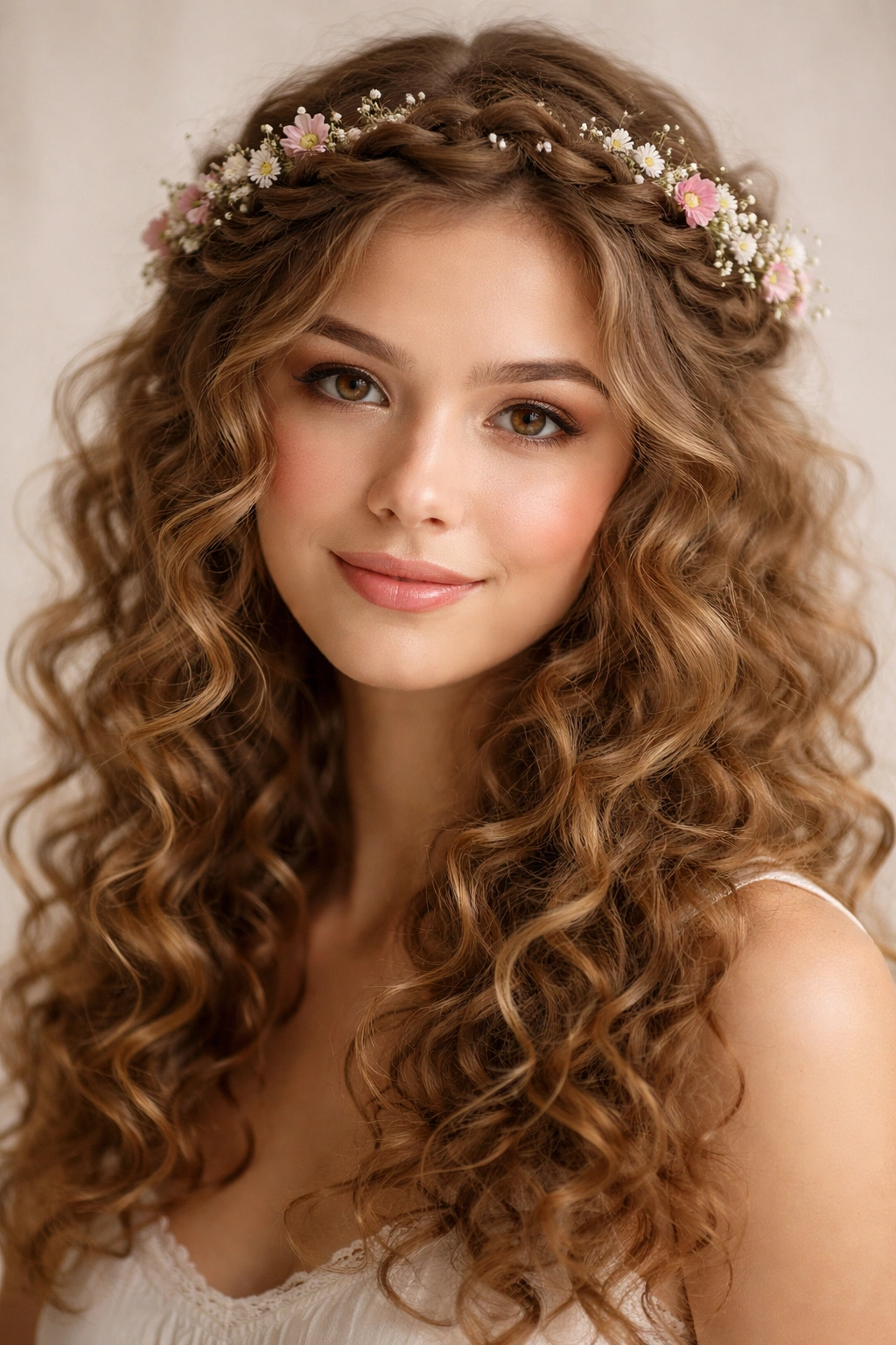 Close-up of Braided Crown with Loose Curls hairstyle featuring a crown braid and flowing curls