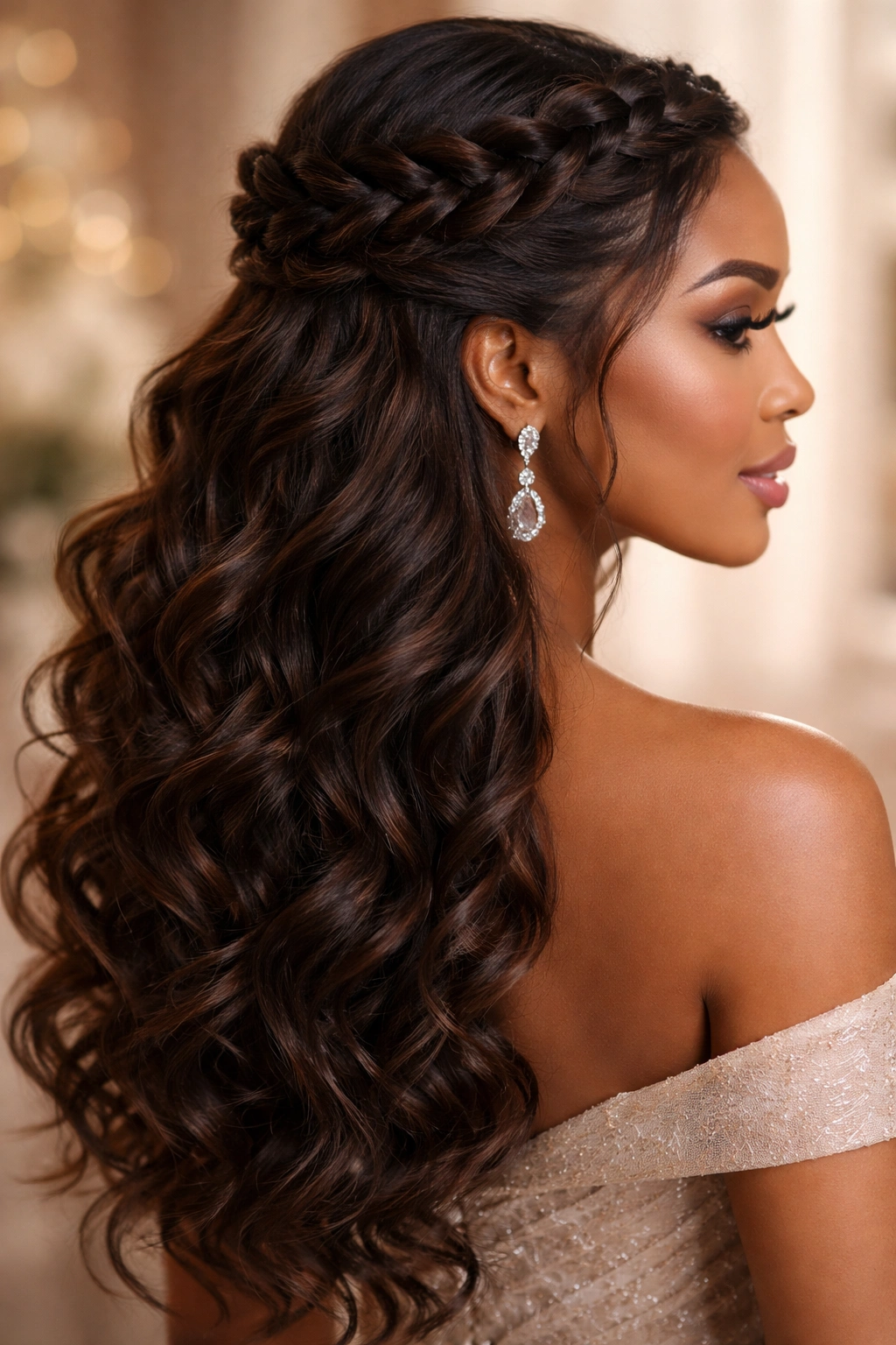 Braided crown with cascading curls hairstyle on a model.