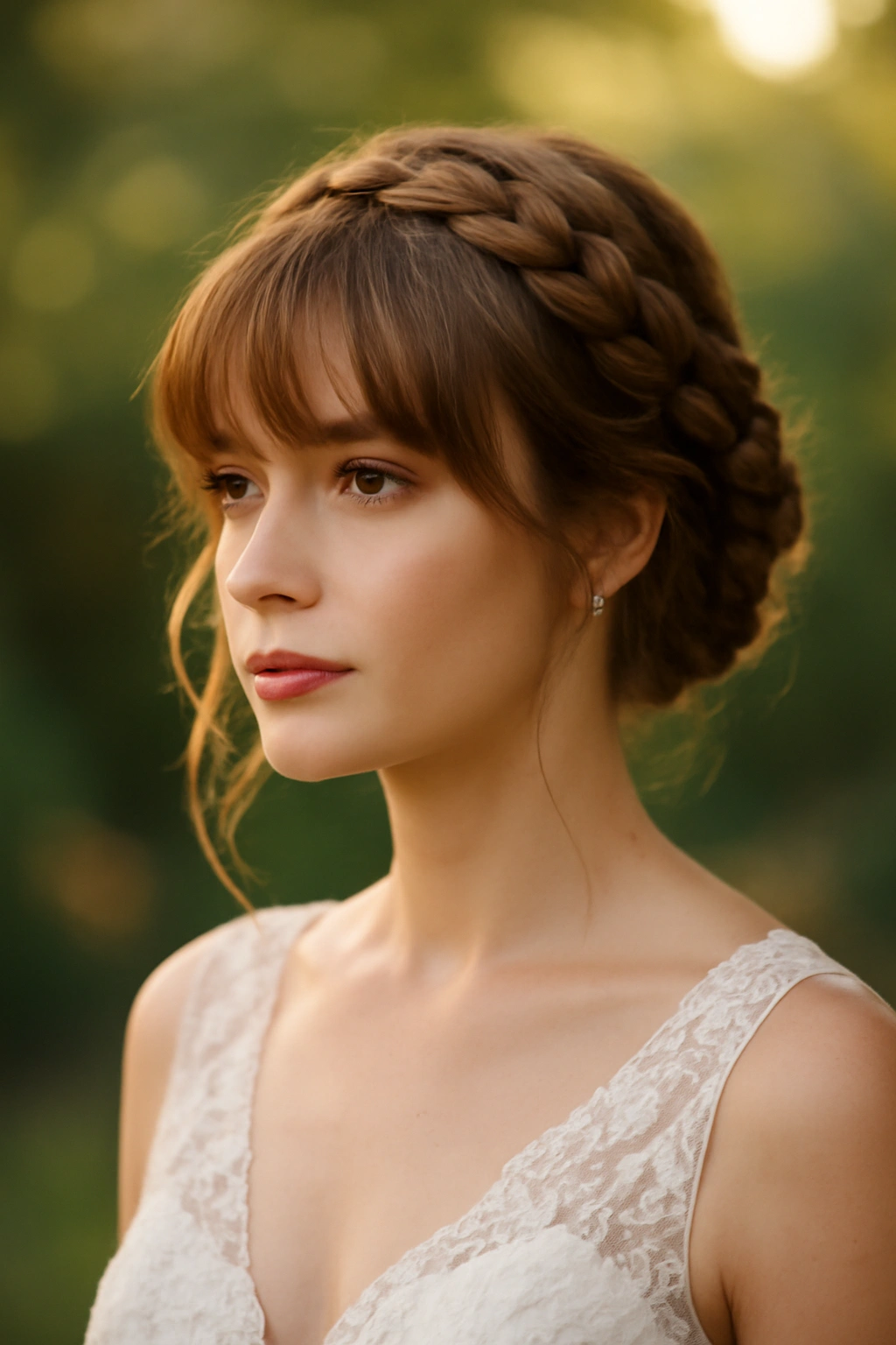 10 Wedding Hairstyles That Look Gorgeous With Bangs 4 Bridal look featuring a braided crown and feathered bangs against a soft outdoor background