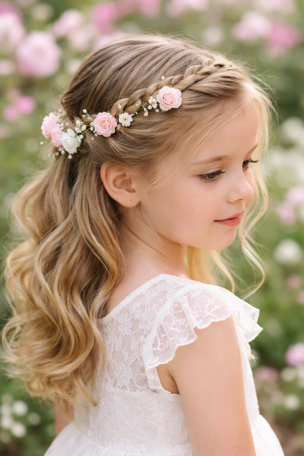 Little girl with braided crown and small flowers along the braid