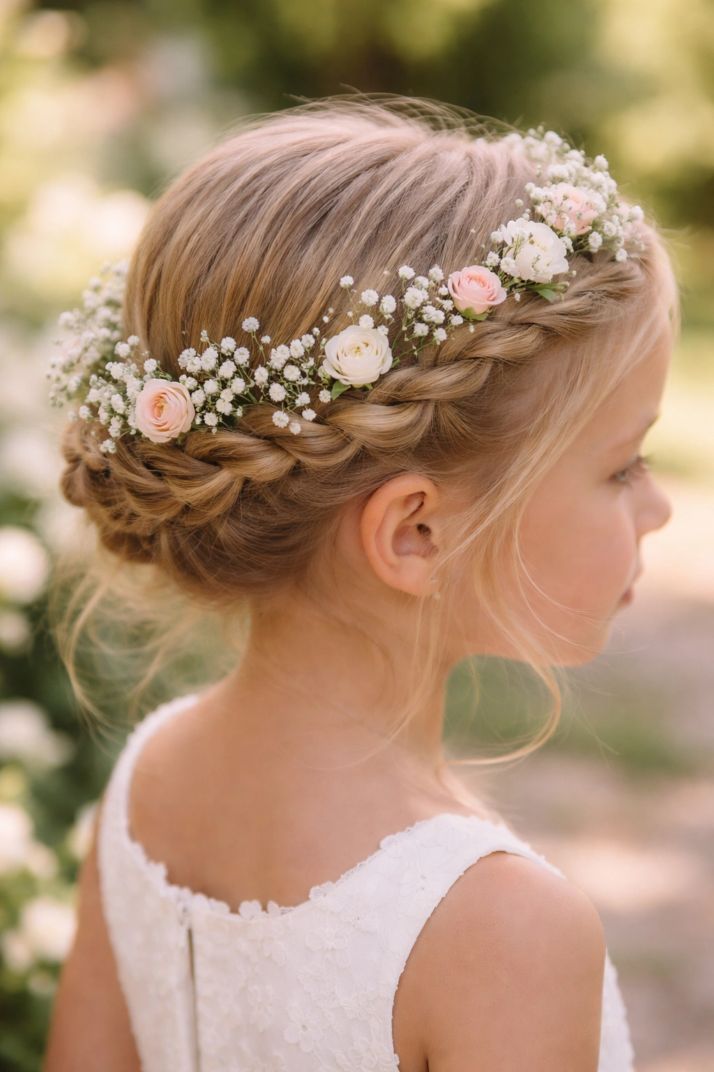 Close-up of braided crown with woven flowers on a young girl in a garden.