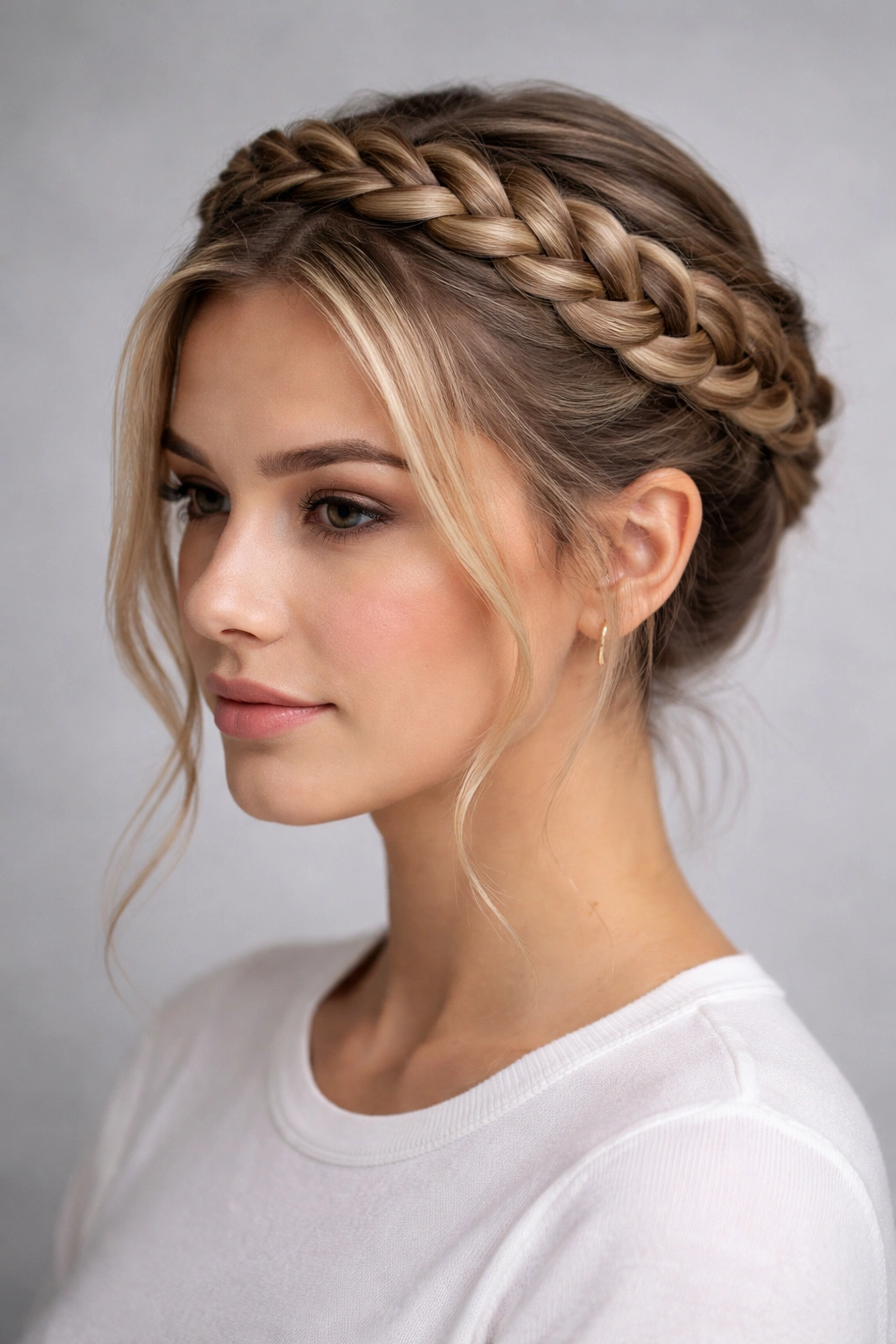 Head with a crown braid around the top from ear to ear, woven texture visible.
