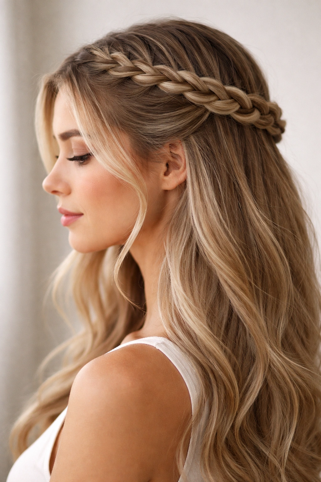 12 Everyday Hairstyles You Can Do In 5 Minutes 8 Close-up of a braided crown framing the head with loose hair at the sides.