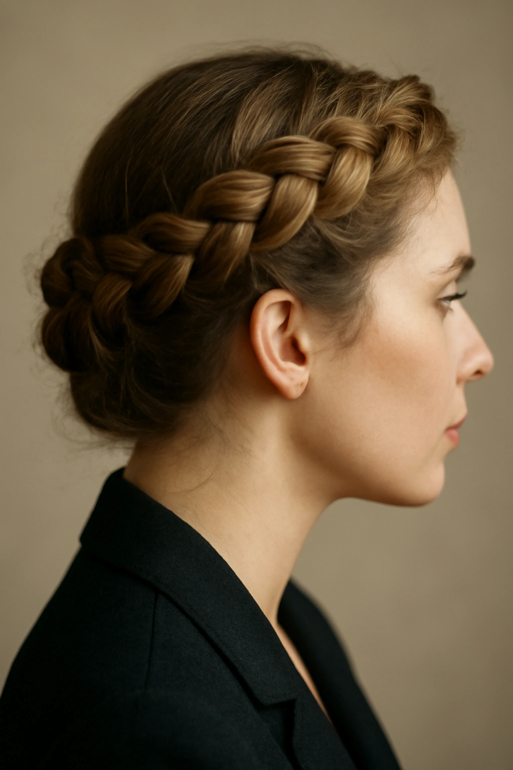 10 Hairstyles That Instantly Elevate Any Blazer Outfit 7 Close-up of braided crown hairstyle around the head with textured hair in a studio setting