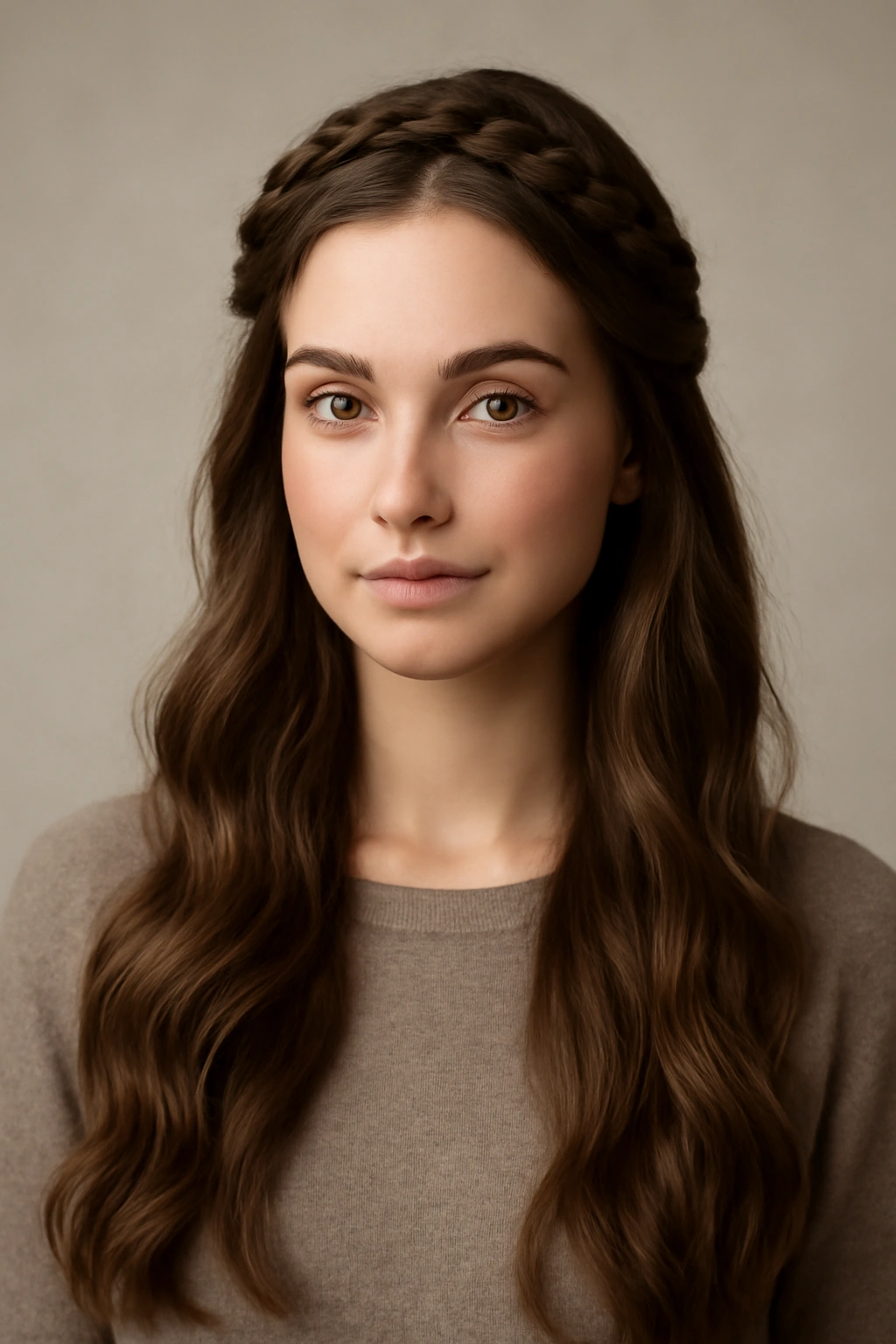 Braided crown with long loose waves hairstyle in a head-and-shoulders portrait