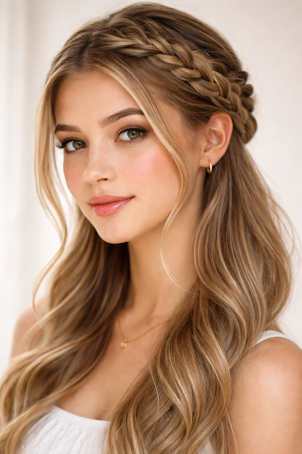 Crown braid along hairline framing face with hair down