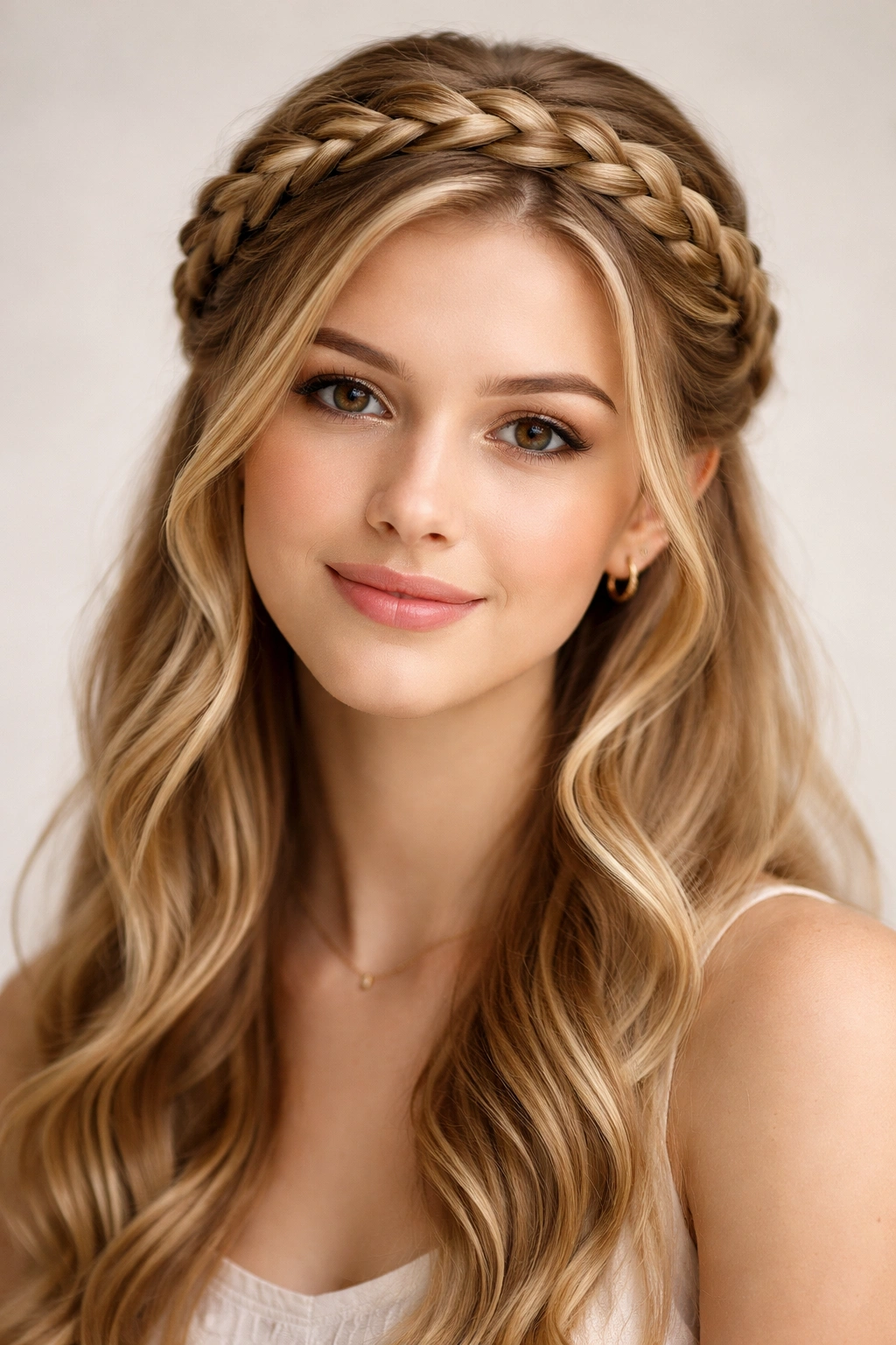 Braided crown hairstyle on a head-and-shoulders portrait with halo-like braid encircling the head