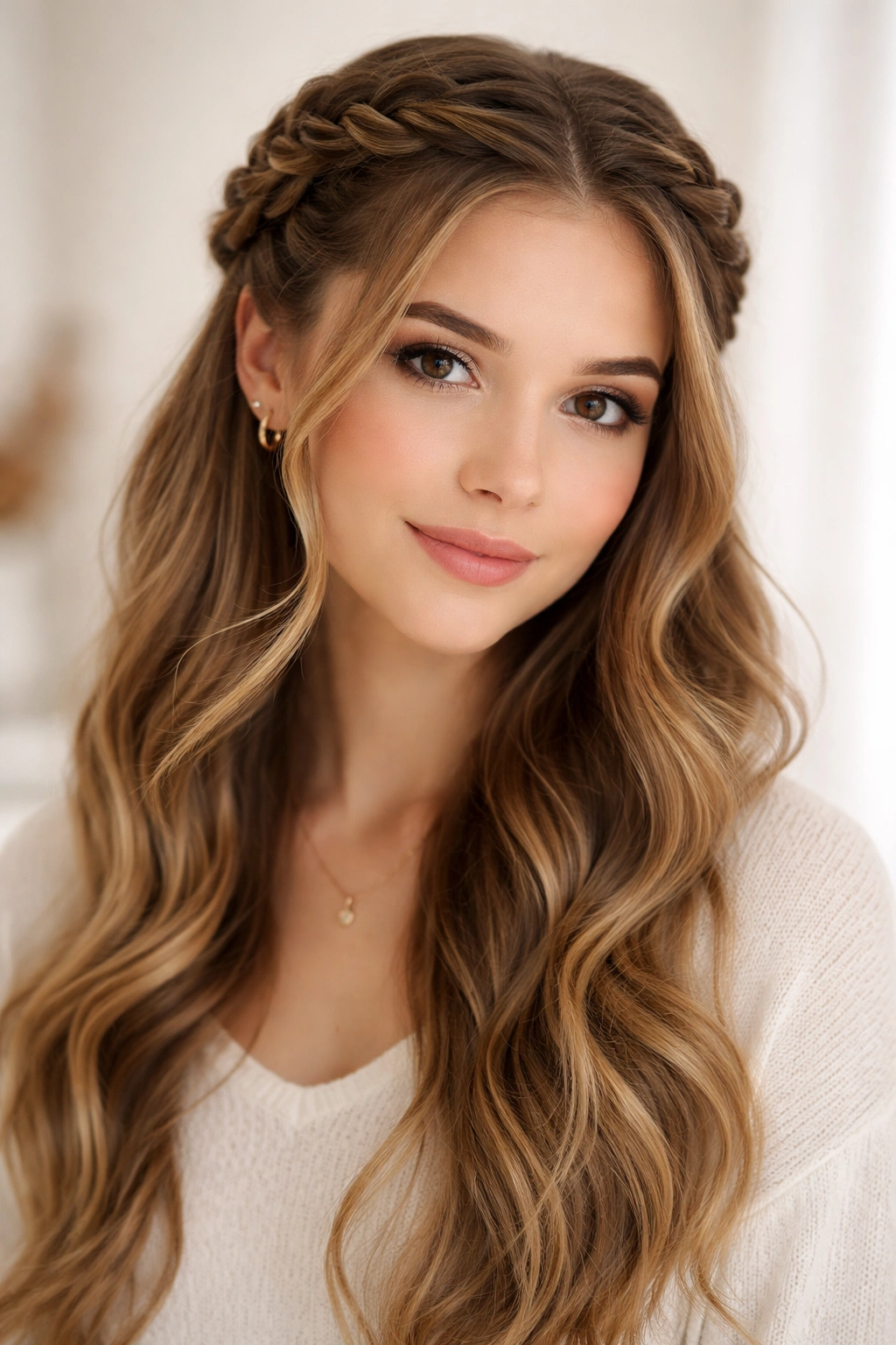 Close-up of braided crown hairstyle with hair left down