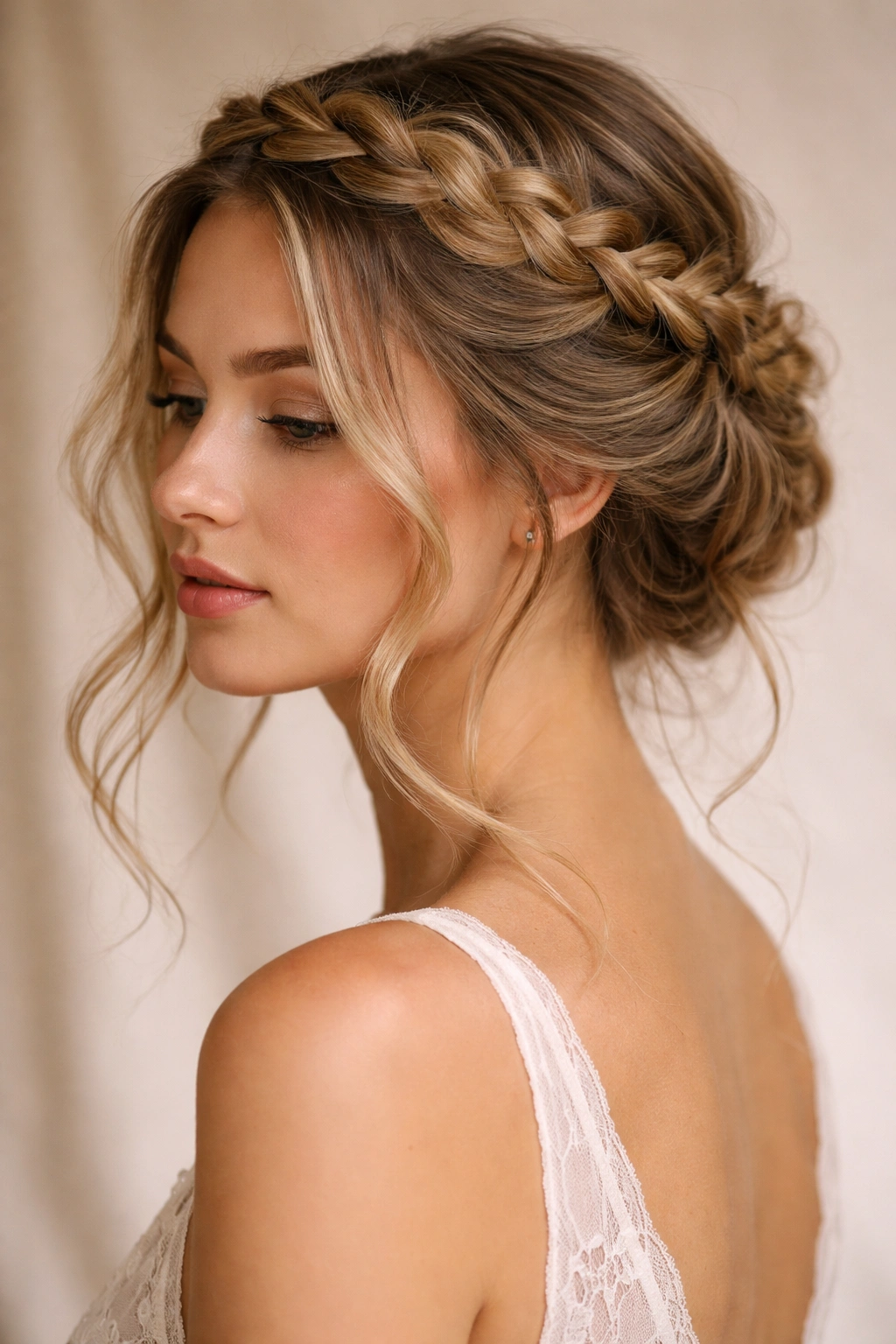 Model wearing a loose crown braid around the head