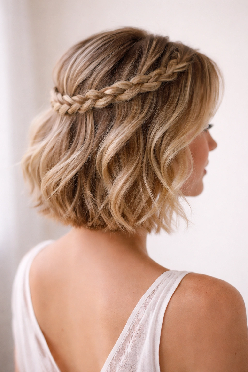 Delicate crown braid across the back of the head with loose hair, The Braided Crown Half Up.