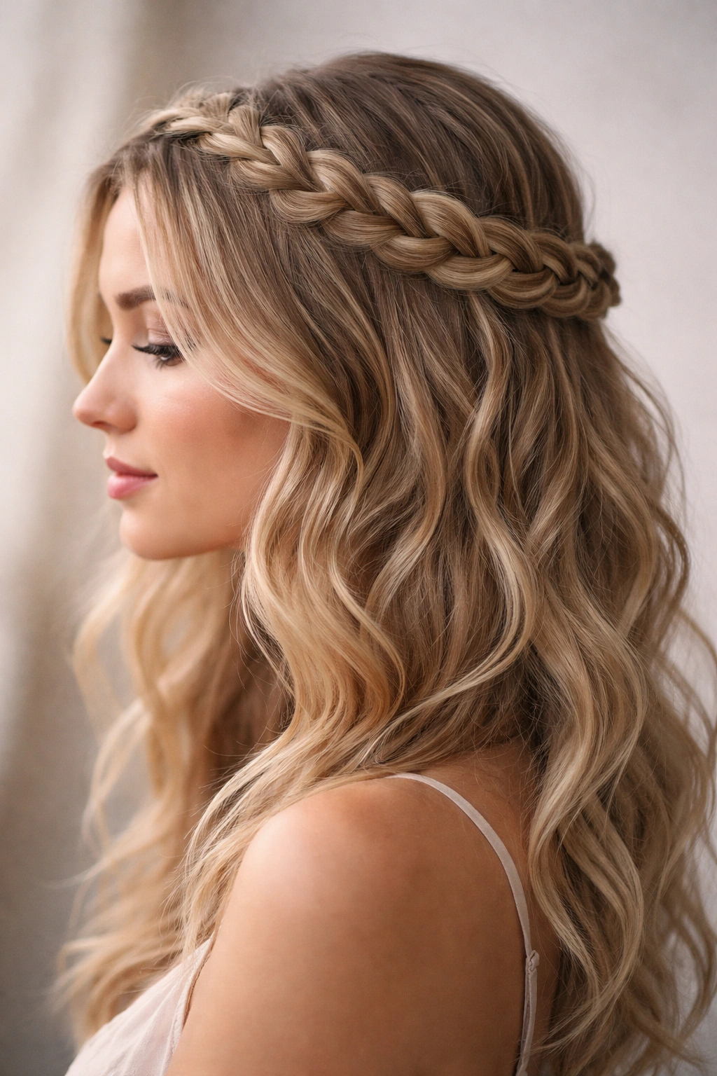 12 Fine Wavy Hair Styles That Last All Day Long 3 Fine wavy hair styled into a crown braid halo around the head