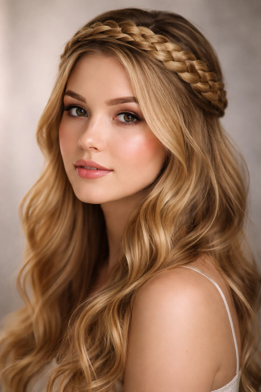 15 Hairstyles For Round Faces You Ll Want To Copy 13 Close-up of a halo braided crown hairstyle with loose waves, studio lighting