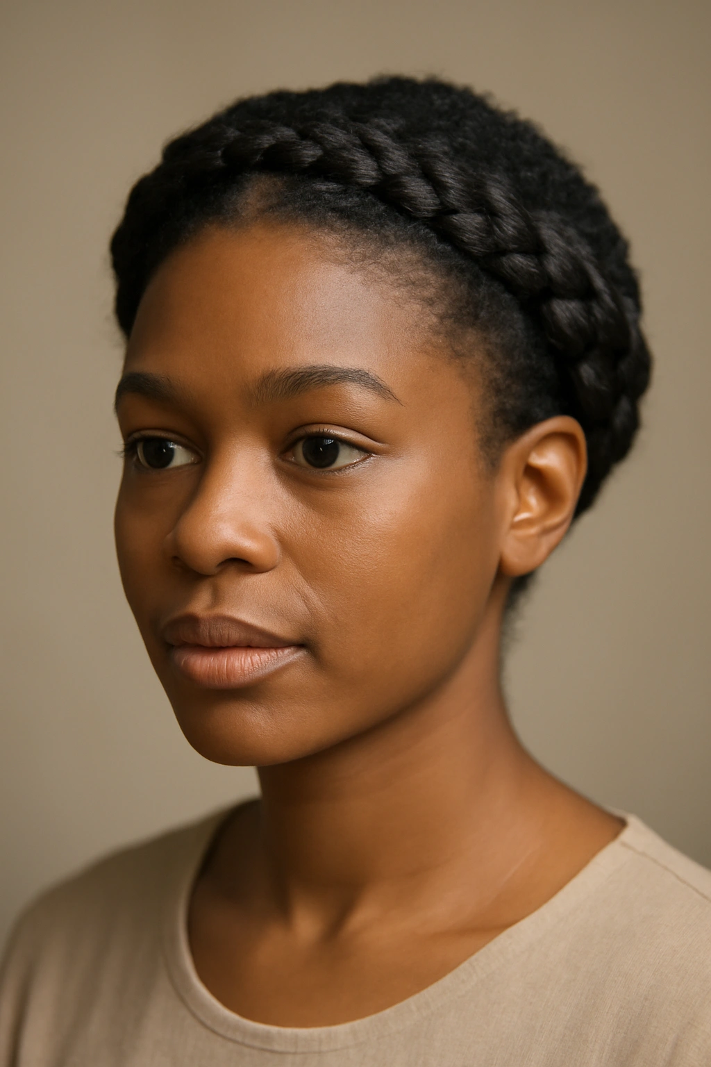 20 Short Natural Hairstyles for Black Women to Save 7 Close-up of a short natural hairstyle with a braided crown halo around the head
