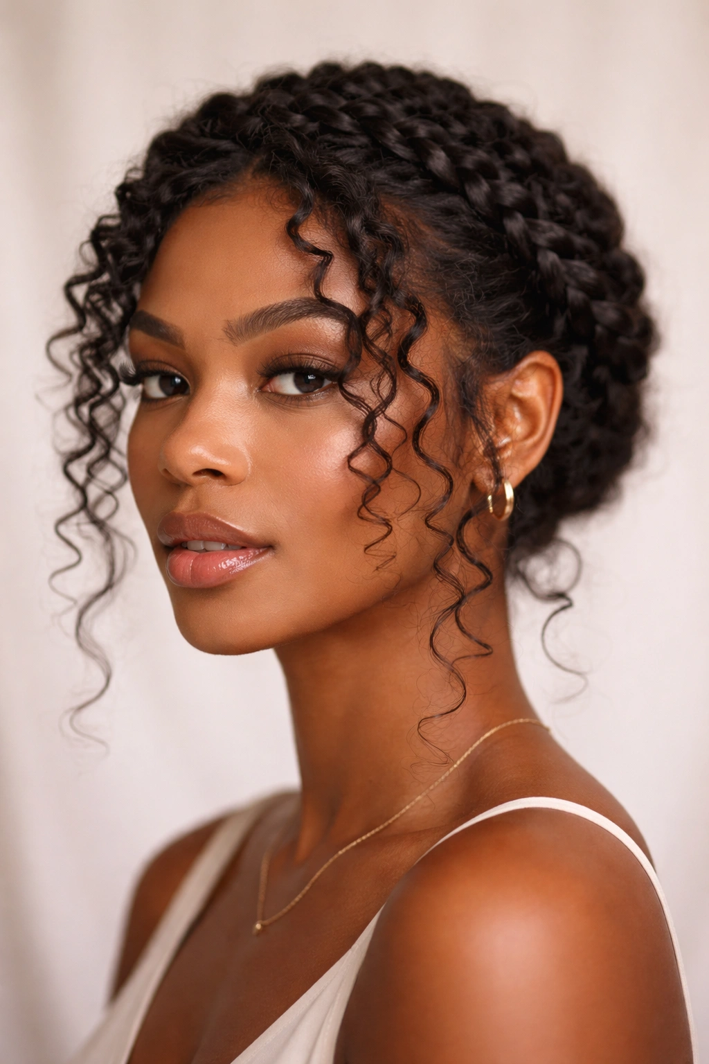 Head with braided crown and loose front curls framing the face.