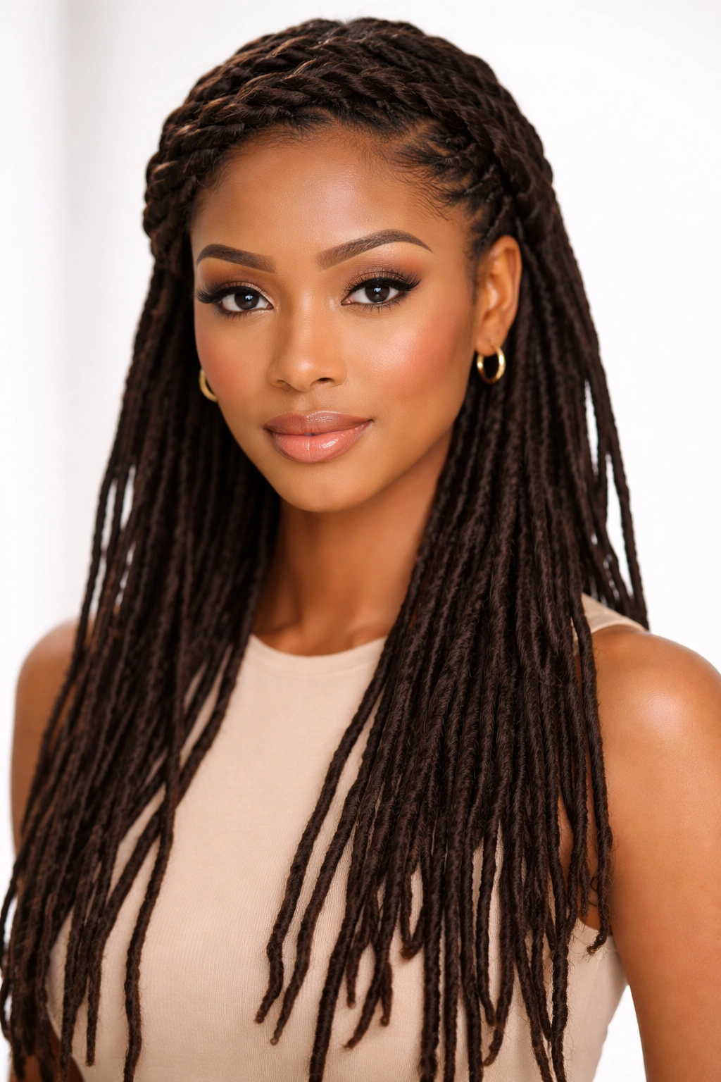 Crown braid with loose locs hanging below in a clean studio setting