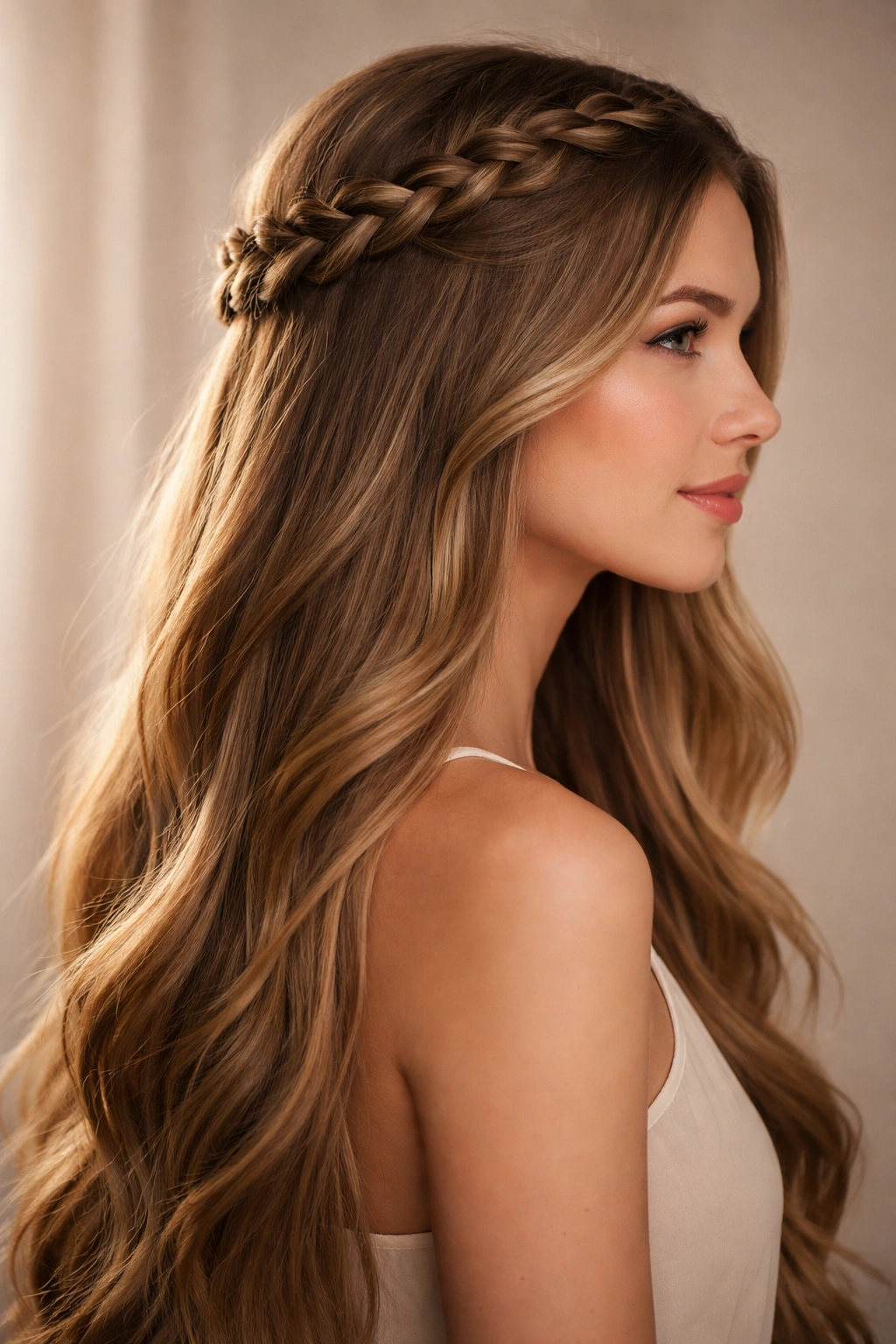 Long-haired model with a crown braid encircling the head