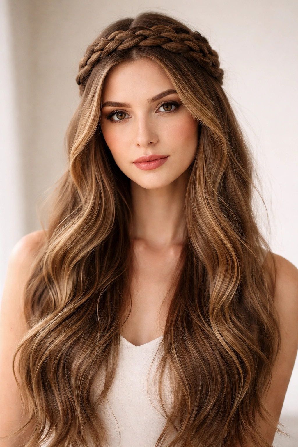 Braided crown encircling head with long hair flowing down