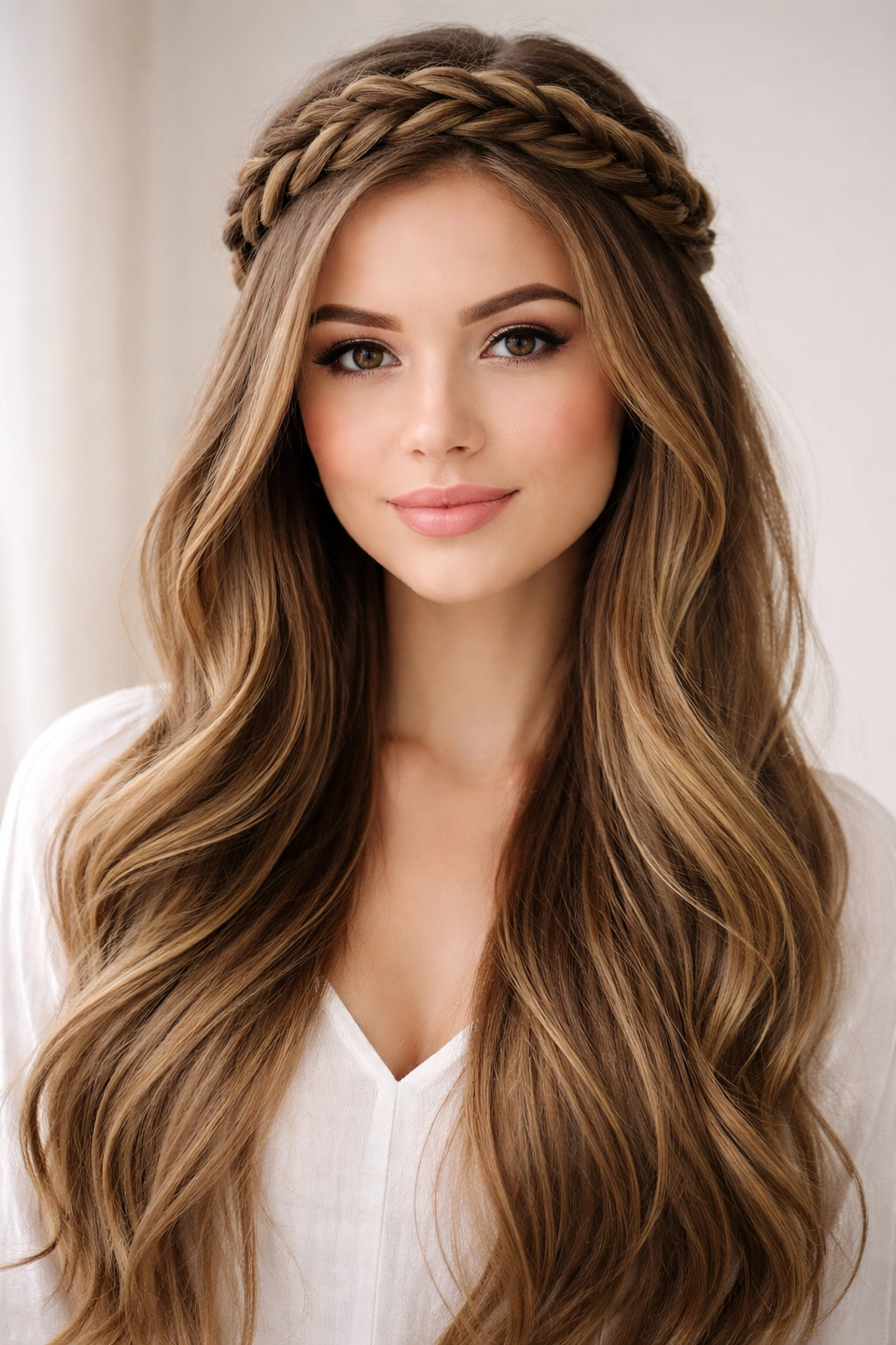 Portrait of a person showing a braided crown with long hair down.