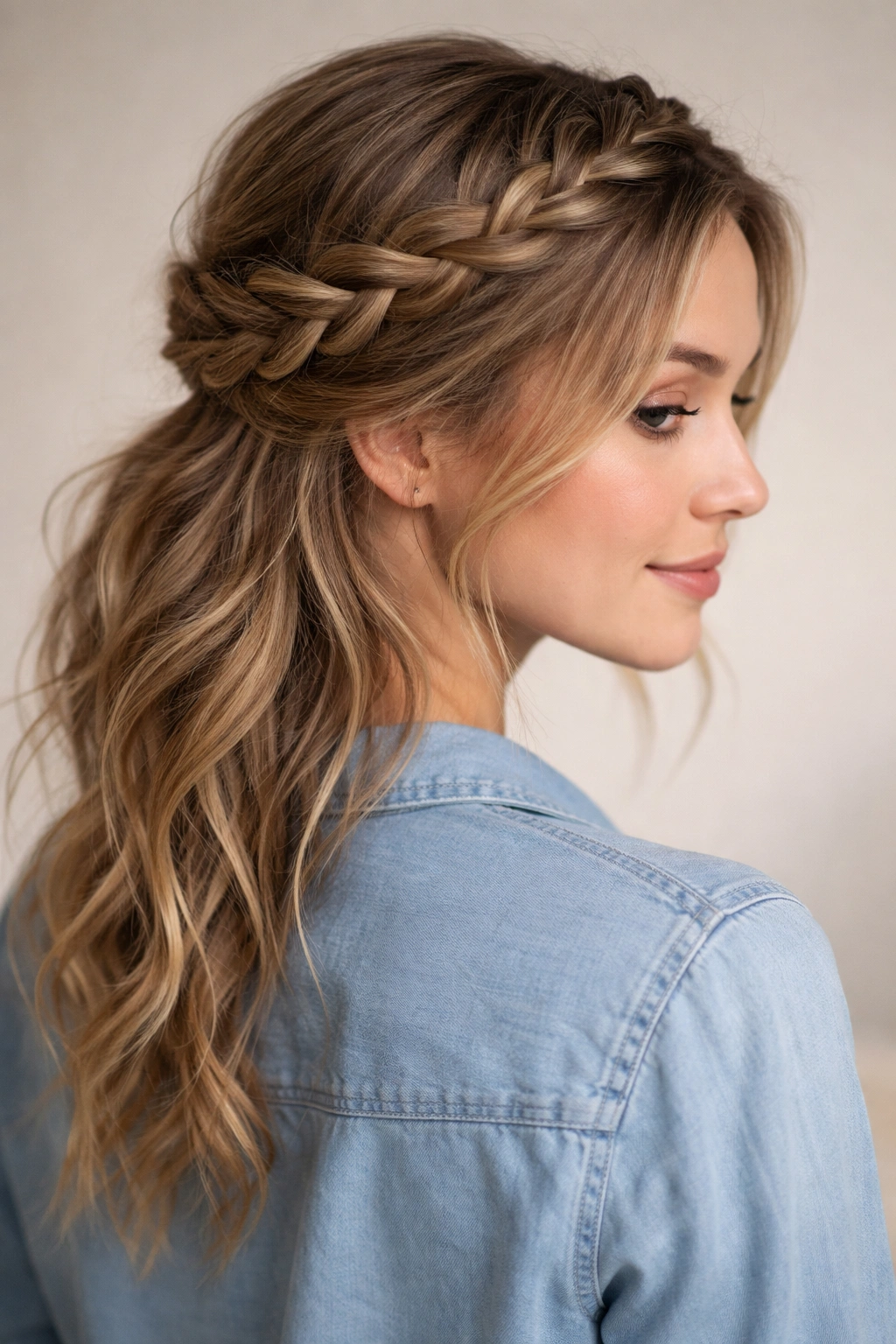 10 Hair Ideas For A Casual Shirt And Jeans Outfit 8 Head-and-shoulders shot of a loose braided crown with soft, undone ends.