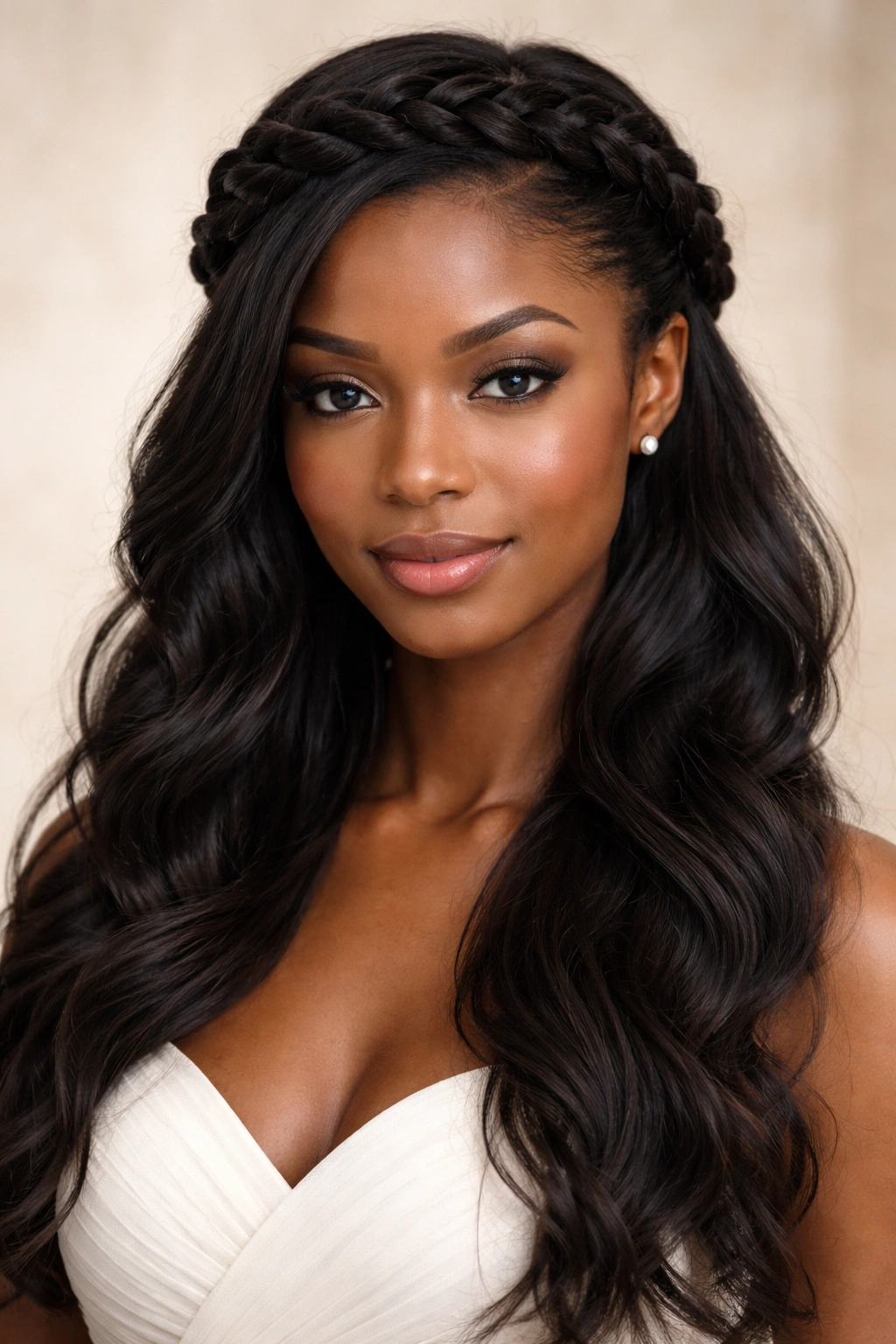 Braided crown hairstyle with loose texture below on a Black woman
