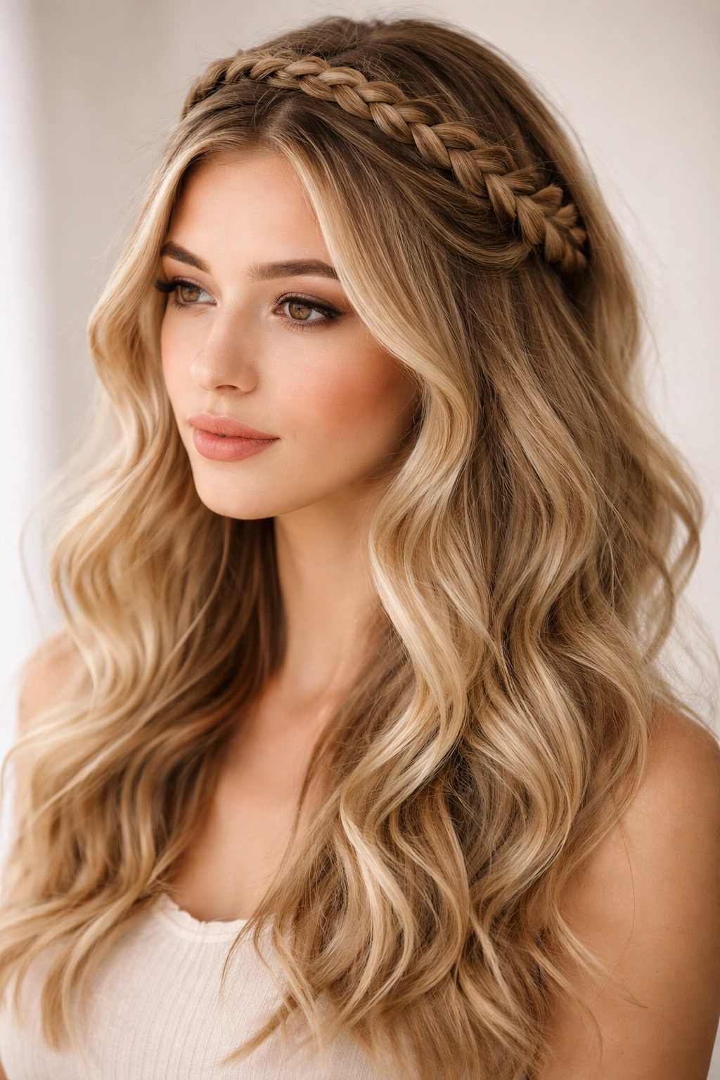 Braided crown with loose waves cascading below