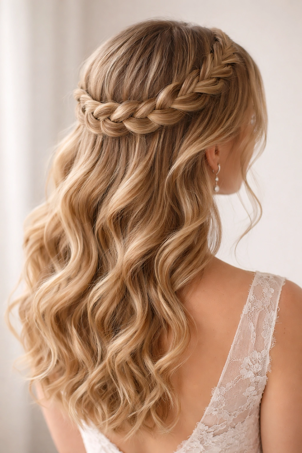 Close-up profile of braided crown with loose waves