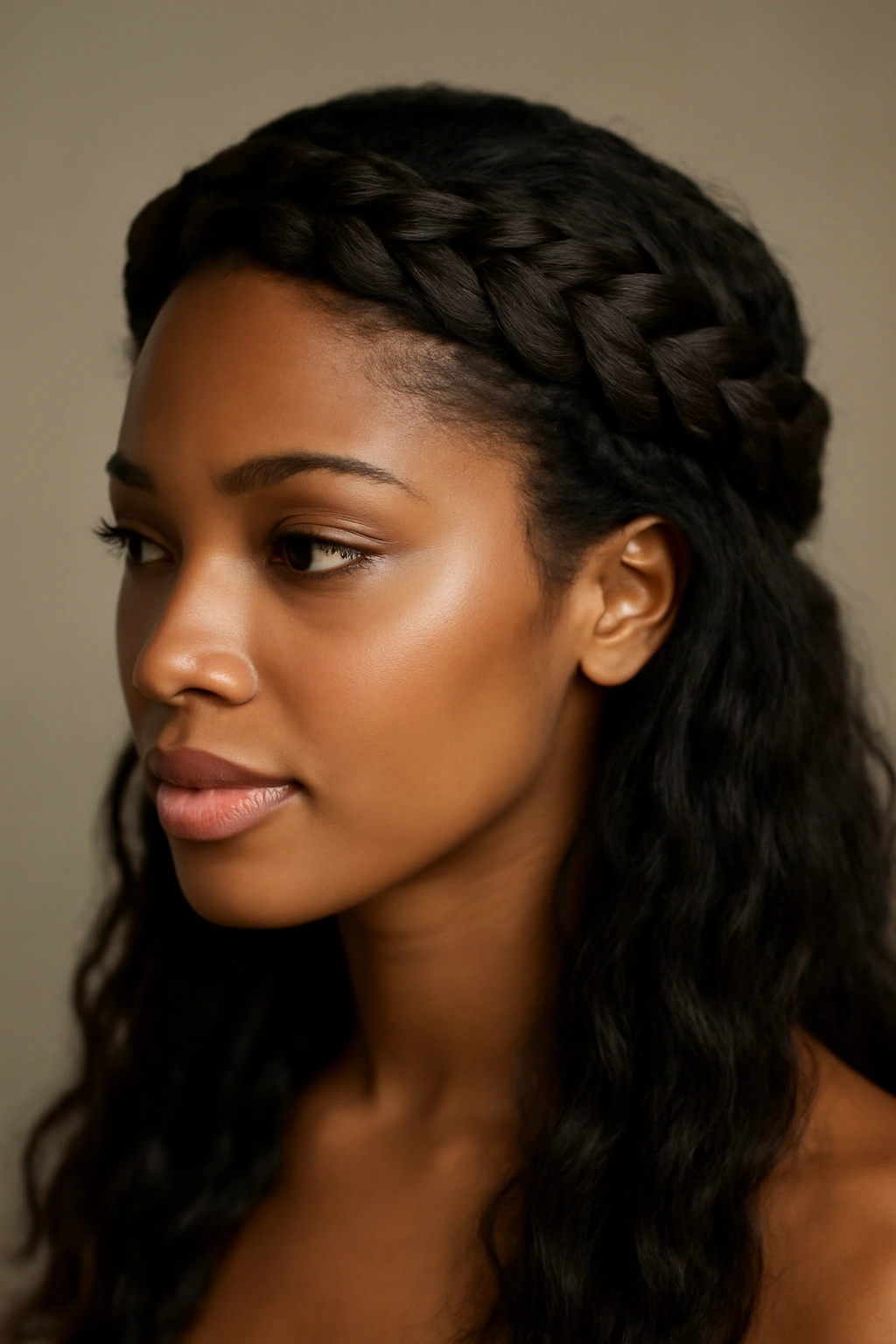 20 Hairstyles for Black Women Sorted by Hair Texture 12 Braided crown encircling head with loose hair; elegant protective hairstyle for black hair.
