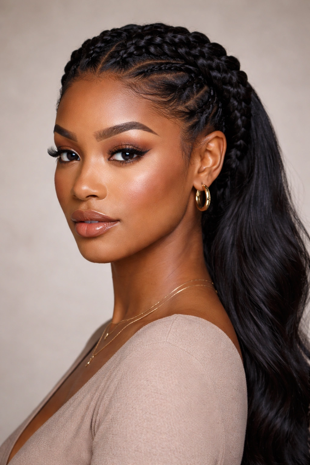 Portrait of a Black woman with a braided crown pushed back