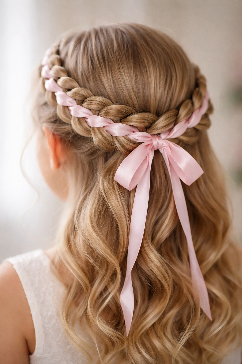 Close-up of braided crown woven with a pink satin ribbon.