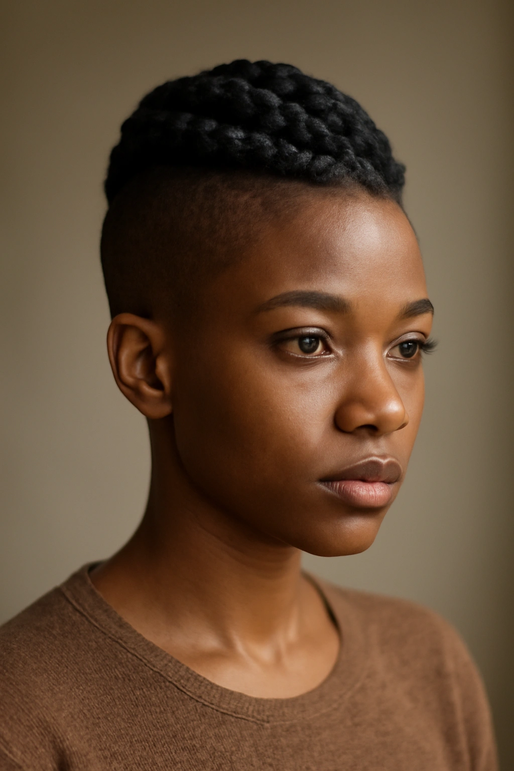 12 Short 4C Hairstyles That Look Effortlessly Good 6 Portrait of a person with a braided crown and shaved sides